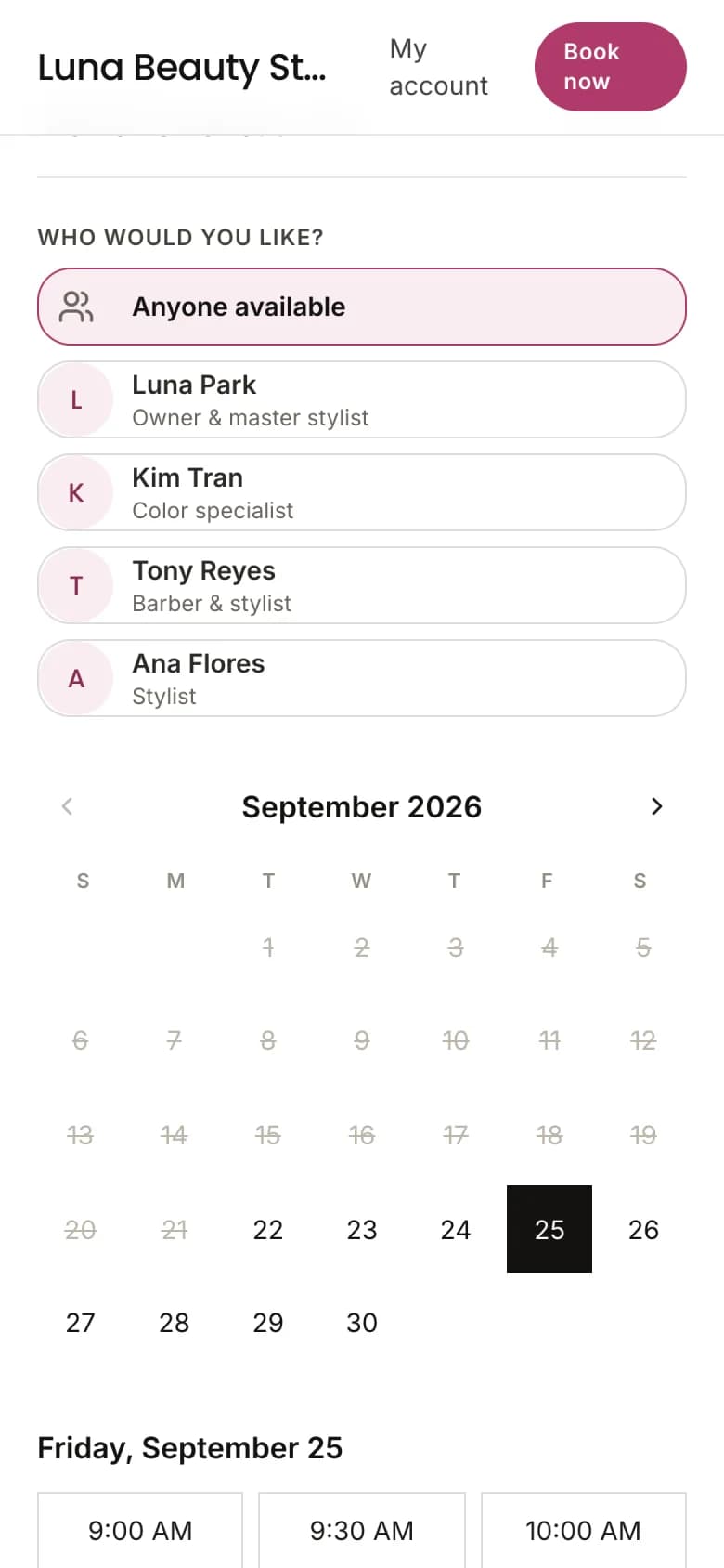 A client choosing a team member on a BookVAO booking page